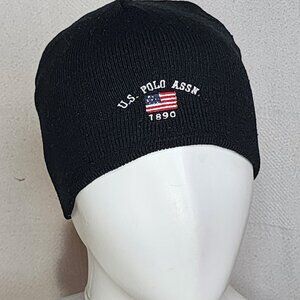 U.S. Polo Assn.1890 Logo Reversible Black and Black Grey Stripe Beanie OSFM